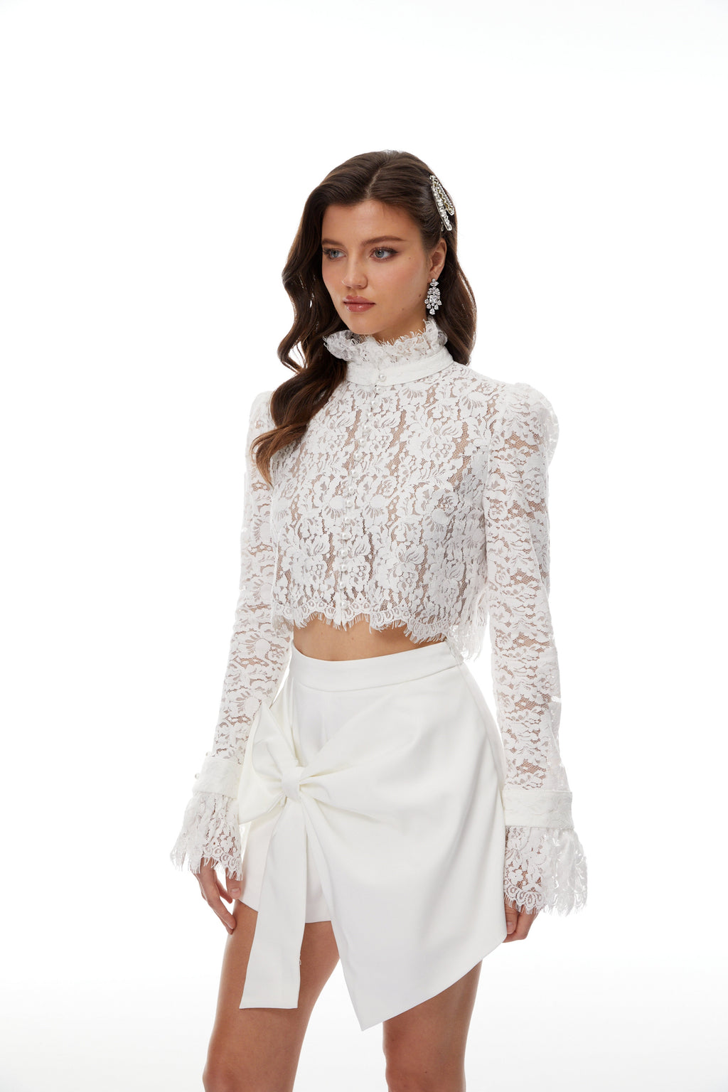 Vesper White High NeckLace Blouse & Skirt Co-ord Set