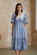 Violet Blue Floral Embroidered Midi Dress with Lace Lapels