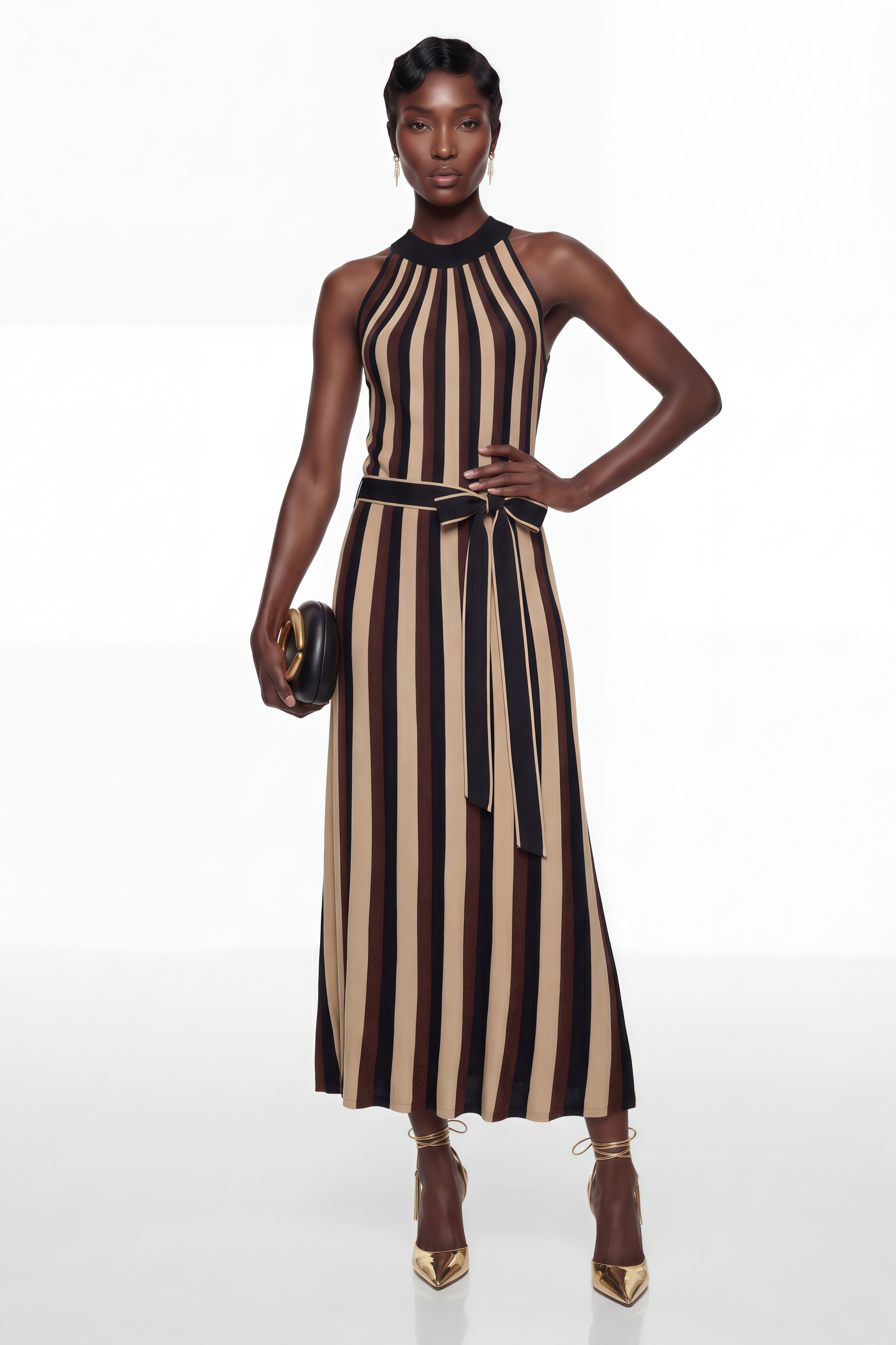Vestido largo maxi de bloques de color negro de la marca MRMelbourne, con diseño elegante y moderno.