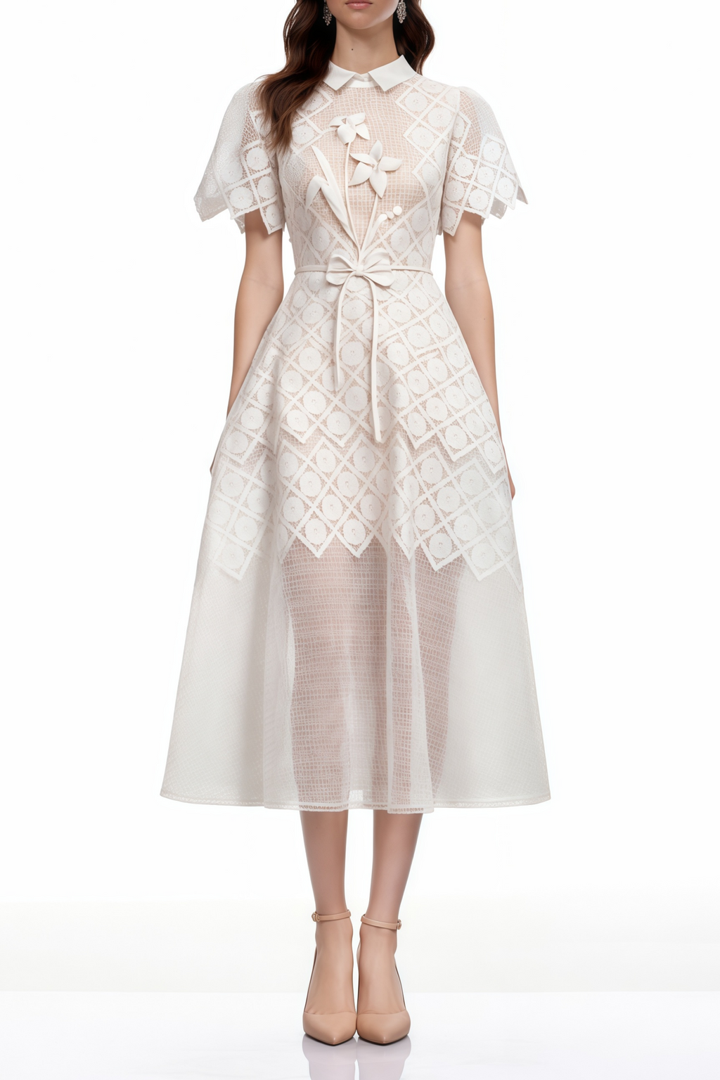 Yasmine White Floral-embroidered Midi Dress