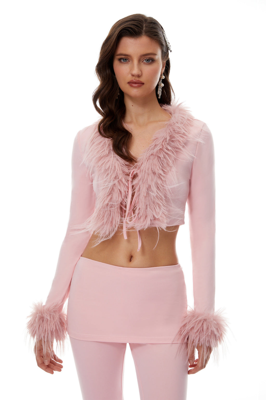 Ysabel Pink Knit Set with Faux Fur Trim