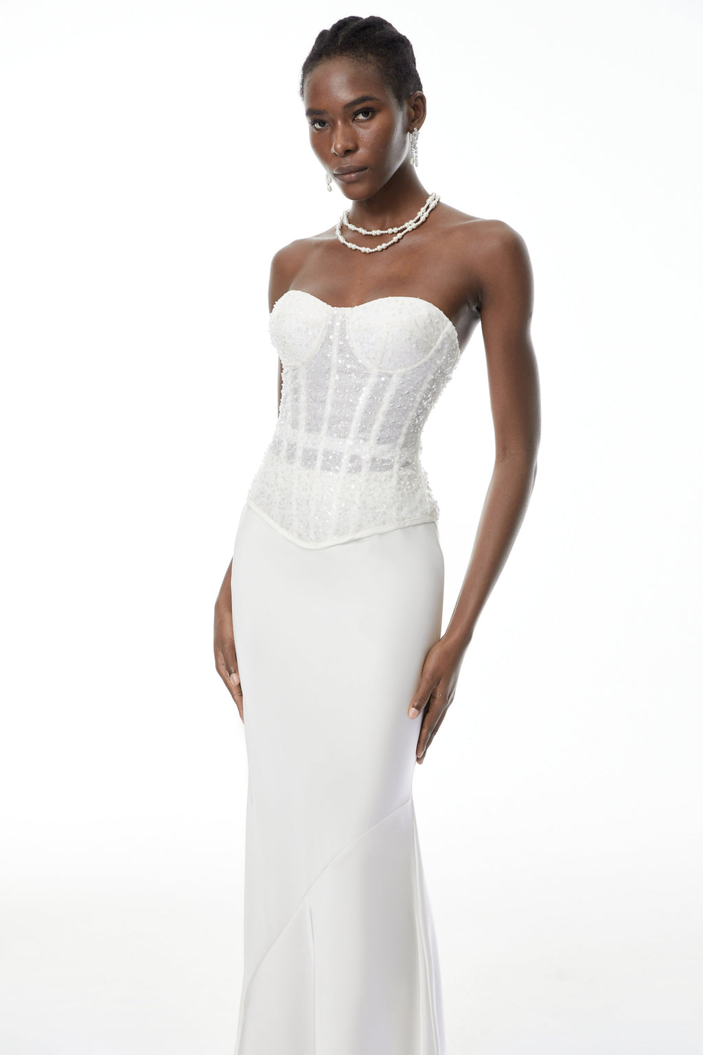 Zora White Sequin Corset Top & Satin Skirt Set