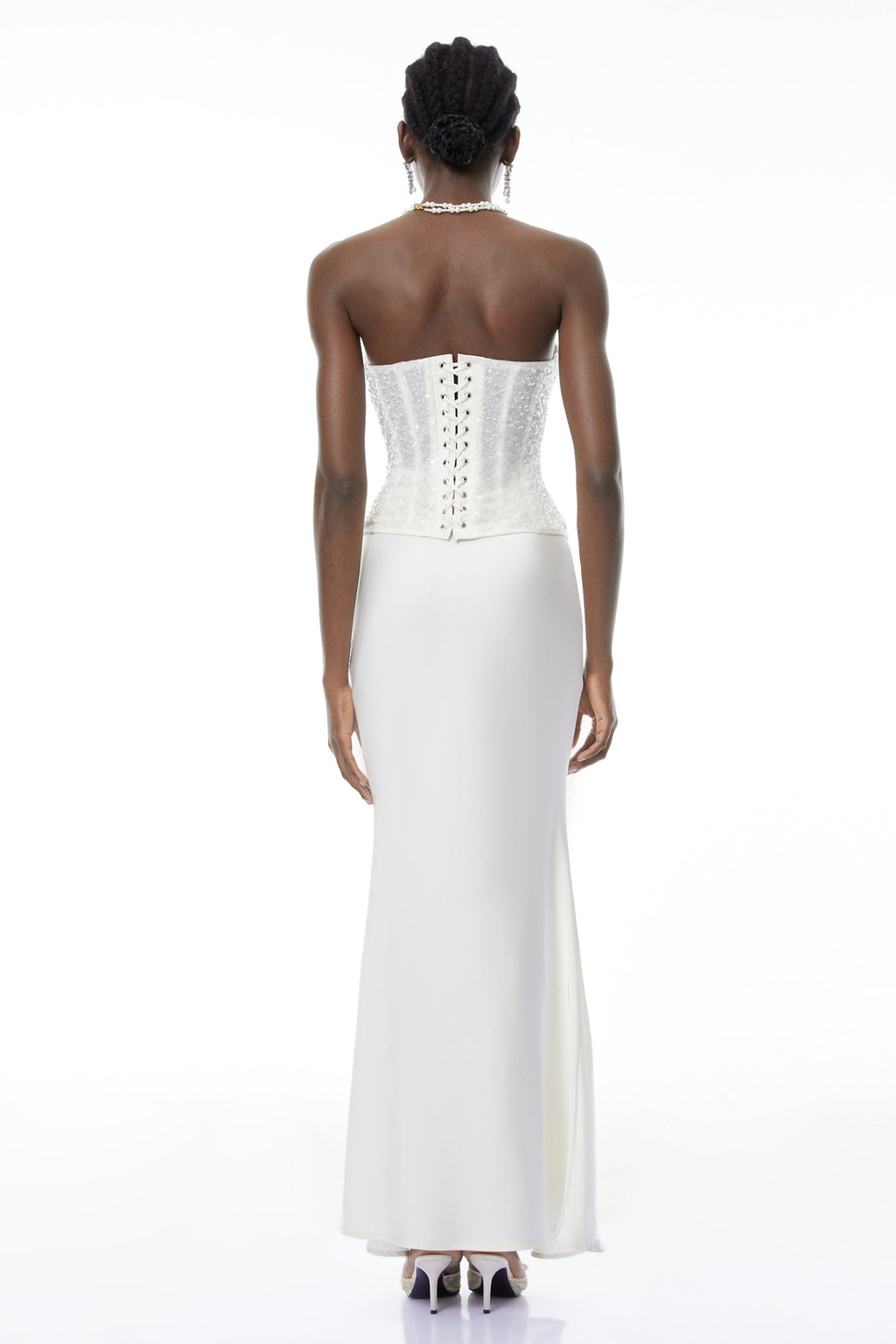 Zora White Sequin Corset Top & Satin Skirt Set