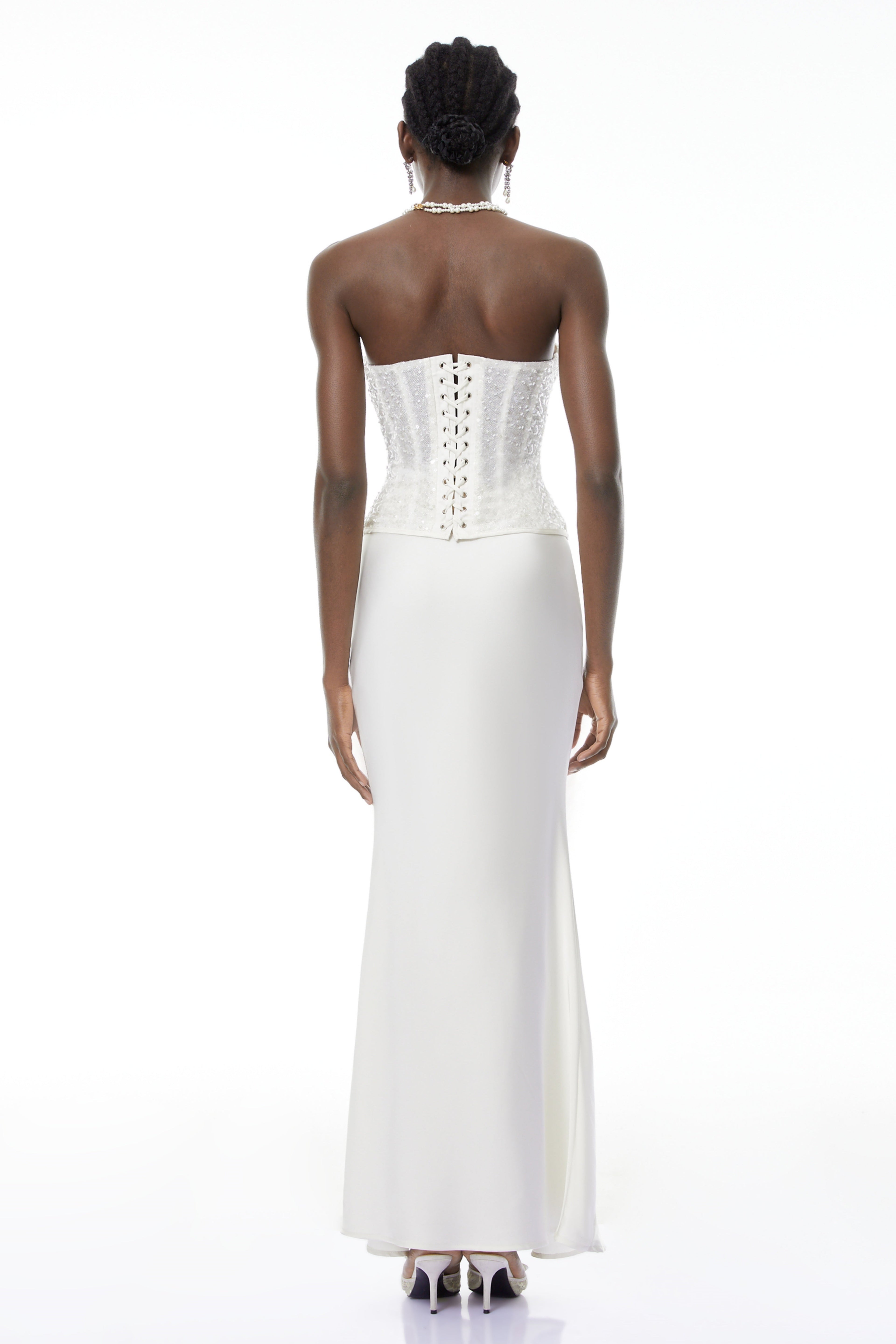 Zora White Sequin Corset Top & Satin Skirt Set