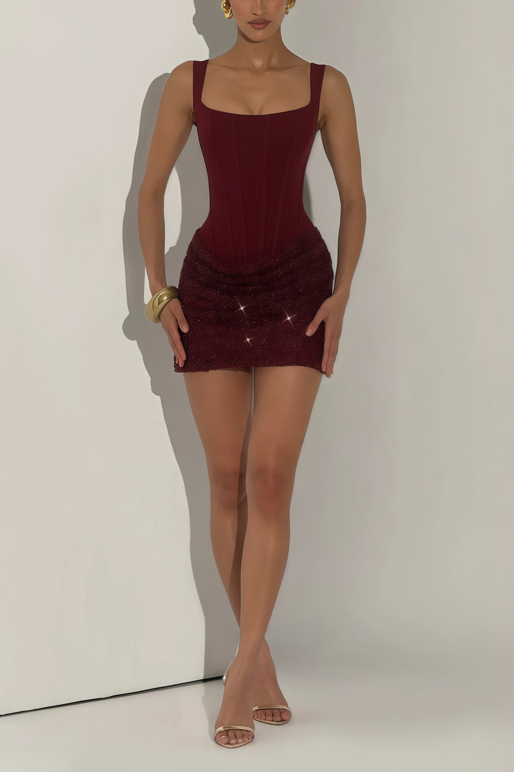 Paulette Red Embellished Ruched Bodycon Mini Dress