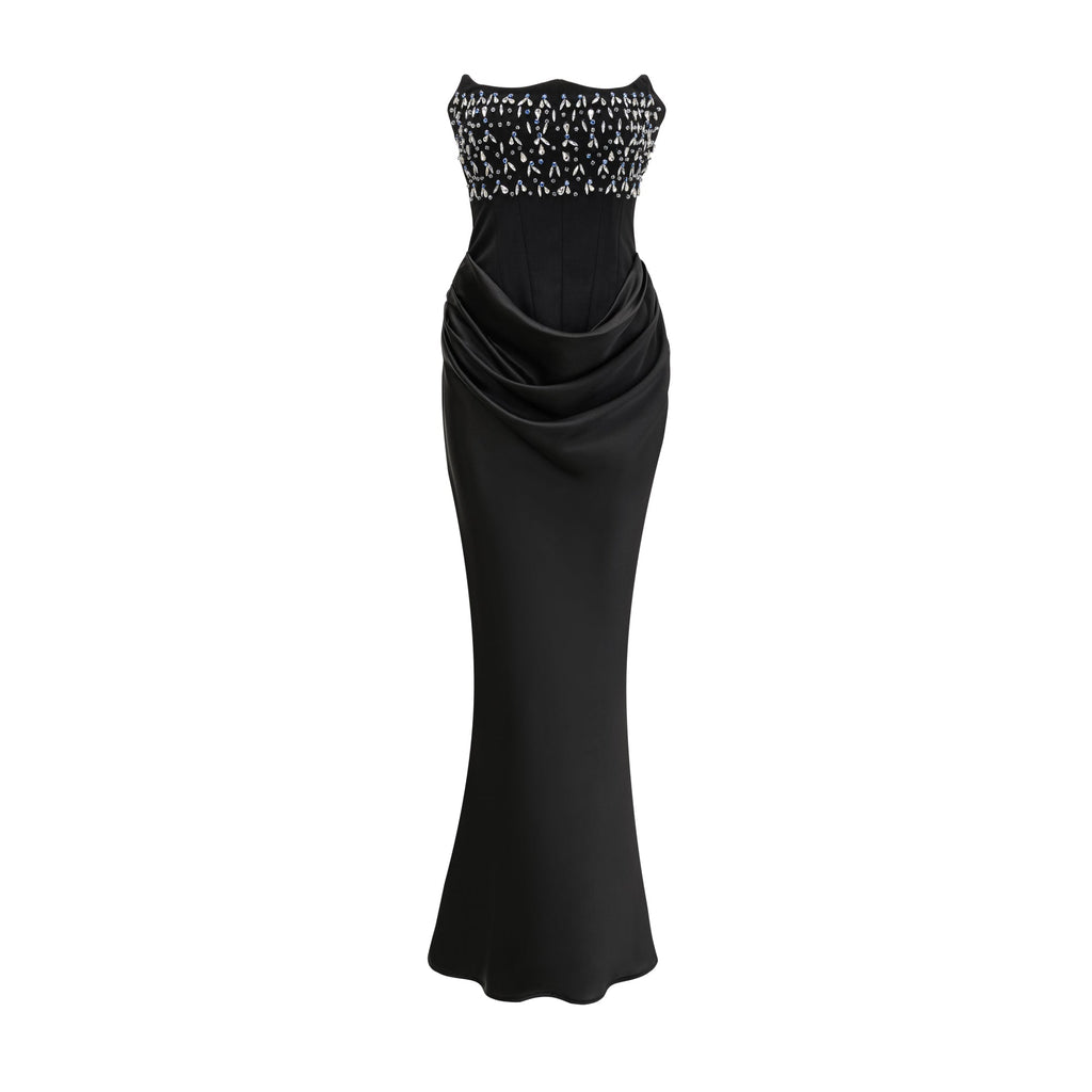 Vestido maxi negro de cristal Aurore con adornos brillantes, elegante y de alta costura para ocasiones especiales.