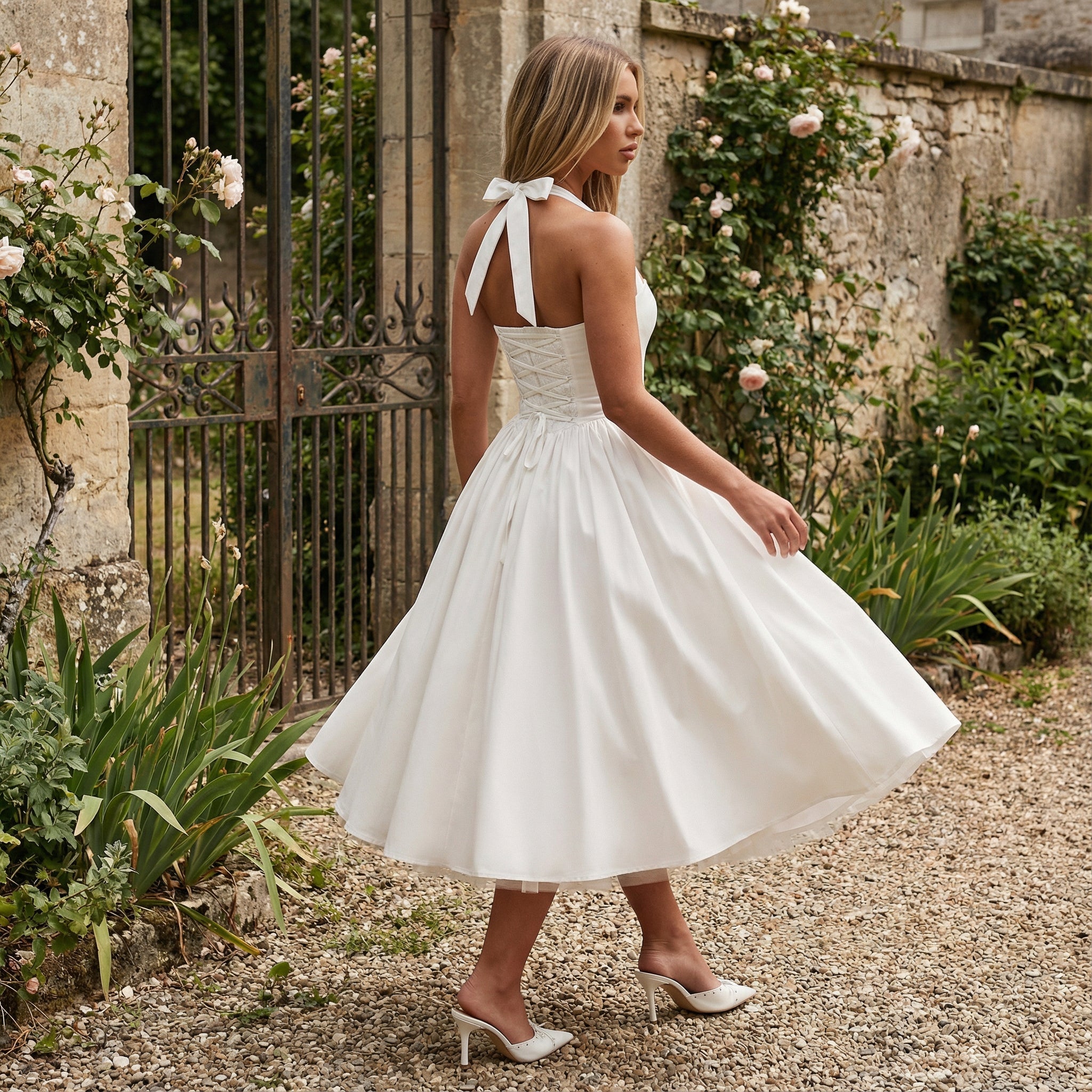 Vestido midi de encaje Éloise de SLIPPO® con corsé ajustado y detalles elegantes en encaje blanco.