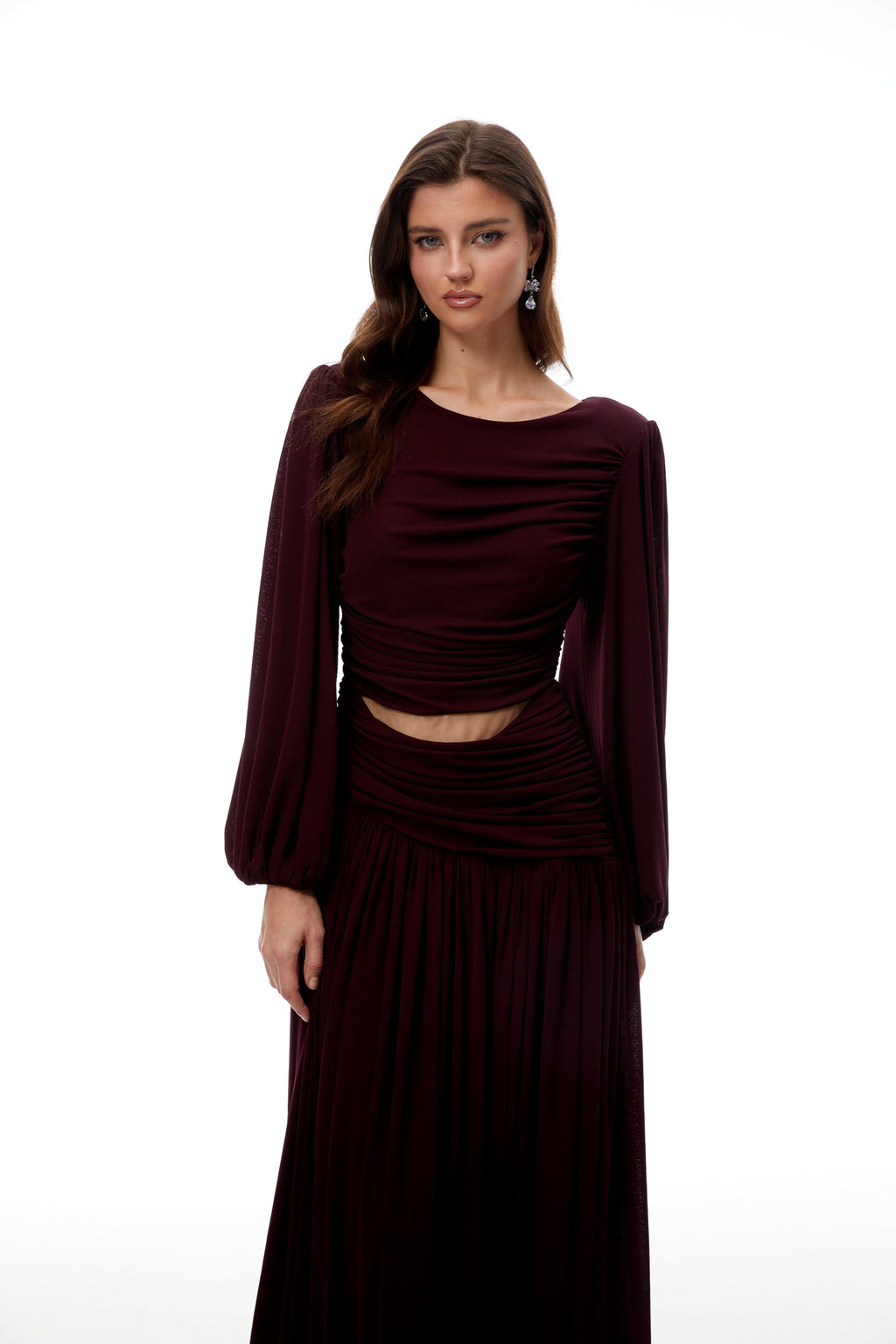 Vestido midi rojo burdeos Fiorella con cortes y pliegues, vestido de moda para mujer, estilo elegante y moderno