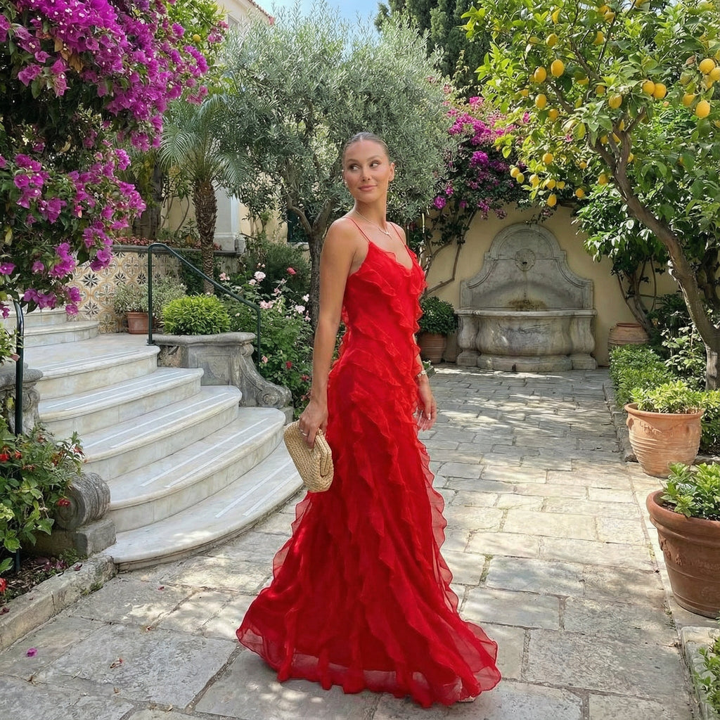 Vestido con volantes de Zara para invitada de boda, diseñado por SLIPPO® en tela ligera y elegante.