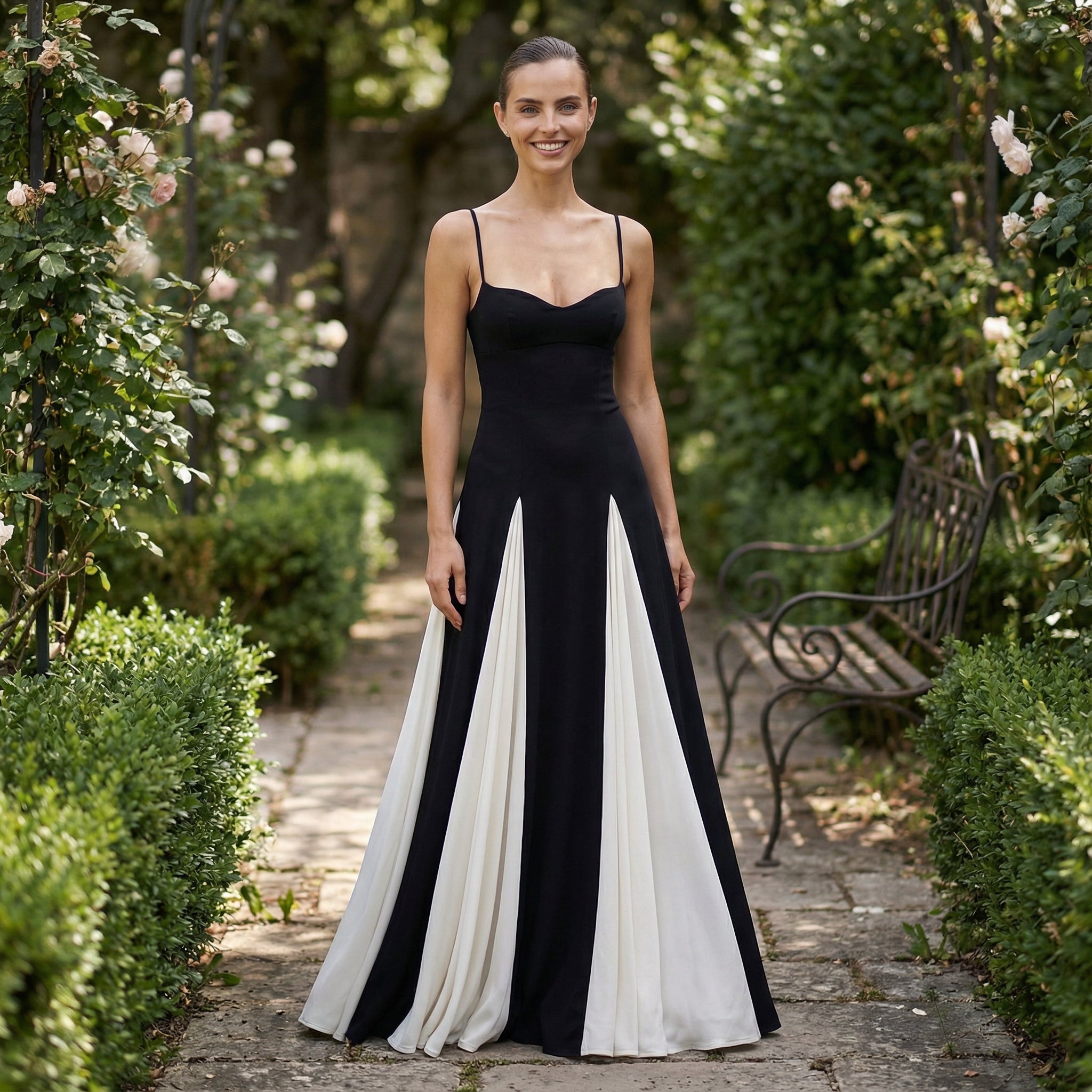 Vestido largo elegante Esmirae de estilo Old Money de SLIPPO® con volantes en contraste y diseño sofisticado.