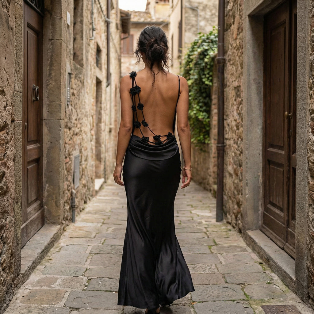 Vestido maxi de satén para invitada de boda de la marca SLIPPO®, con patchwork de flores en estilo elegante y cómodo.