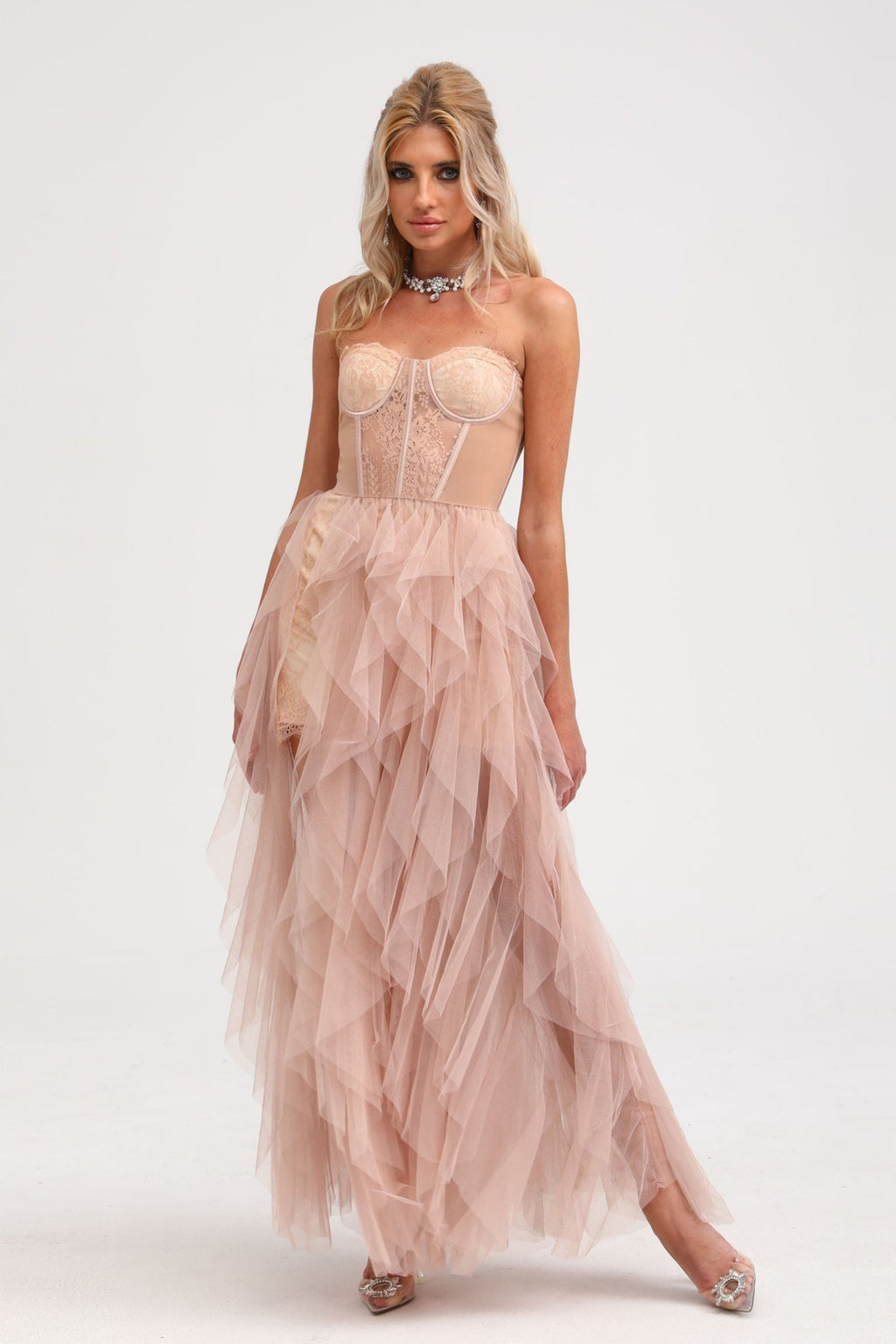 Vestido largo rosa Eilís Bustier de malla, vestido maxi de moda, con detalles elegantes y ajustados en la parte superior.