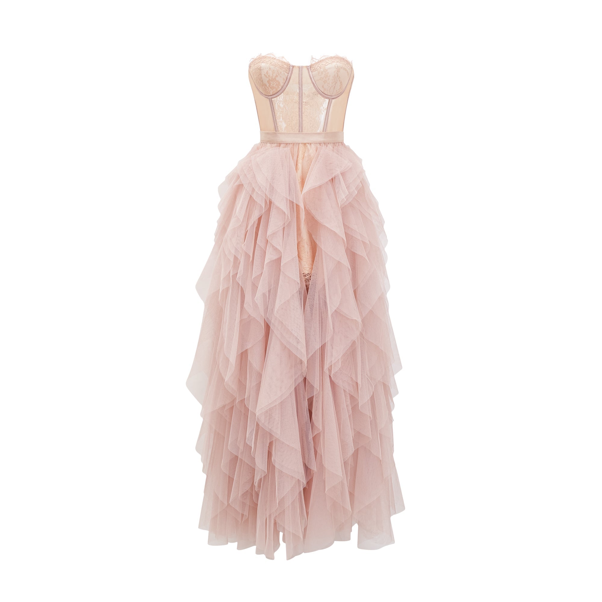 Vestido largo maxi rosa de malla Eilís con bustier ajustado y escote profundo, estilo elegante para ocasiones especiales