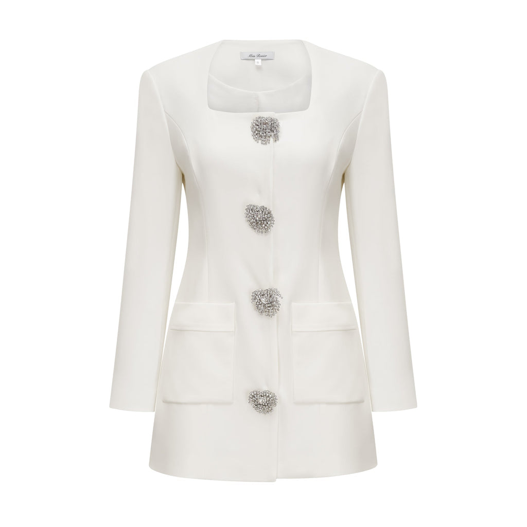 Vestido mini Fionnghuala blanco con cristales brillantes, diseño elegante y ajustado, ideal para ocasiones especiales.