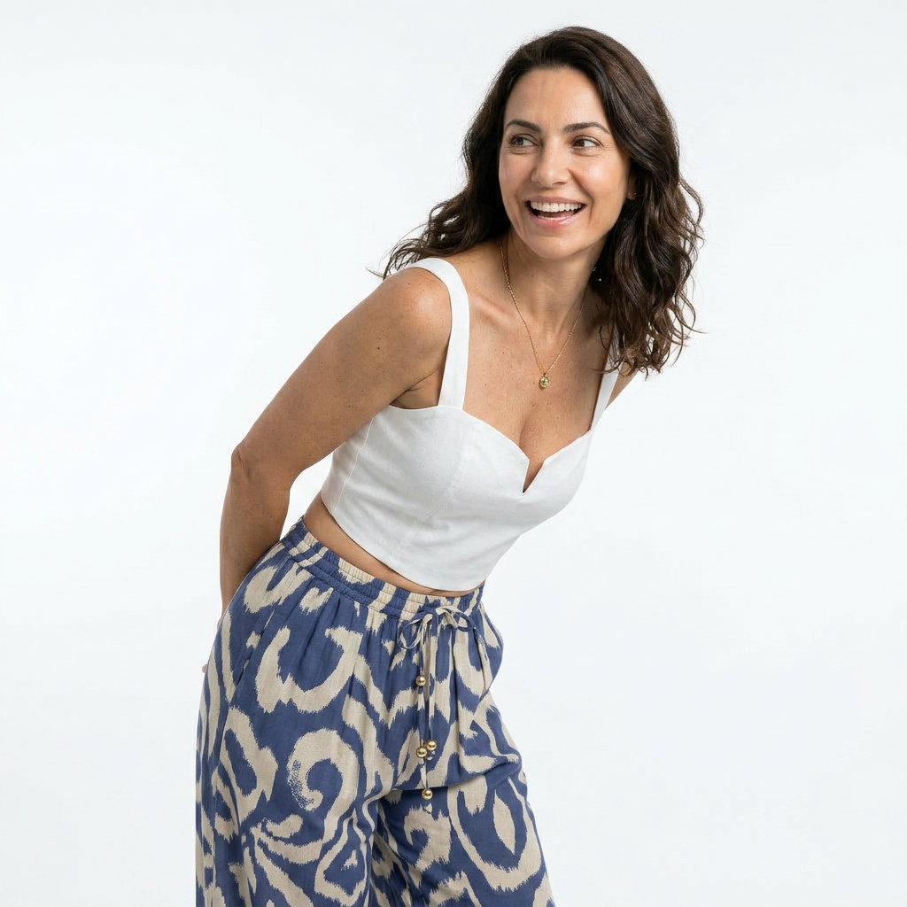 Conjunto griego de tirantes cuadrados y pantalones acampanados de la marca IVORY, ropa de moda para mujer, en color liso.