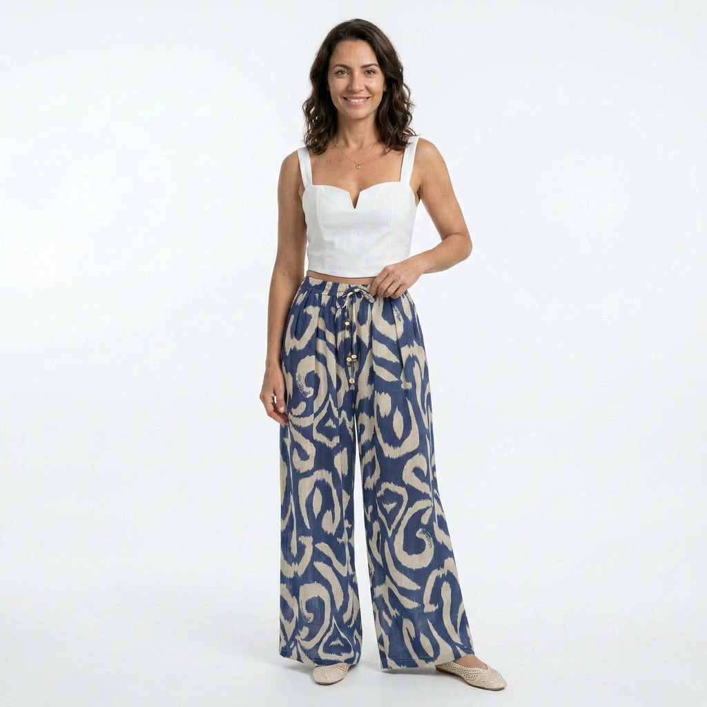 Conjunto Irene de tirantes cuadrados y pantalones acampanados de la marca IVORY, en colores lisos y estilo griego.