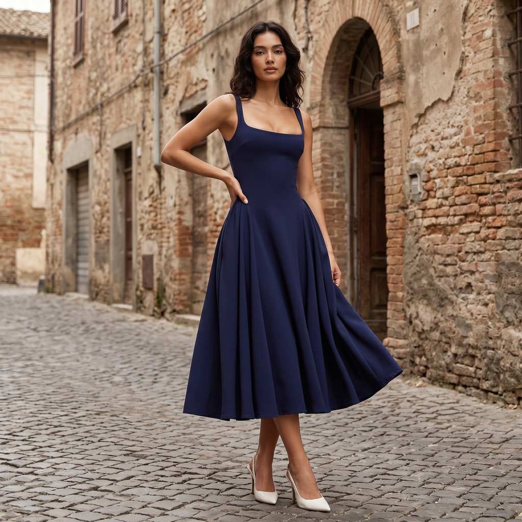 Vestido midi de crepé godet Alessia de DION NOIR, en color neutro, con diseño elegante y detalles en la tela.