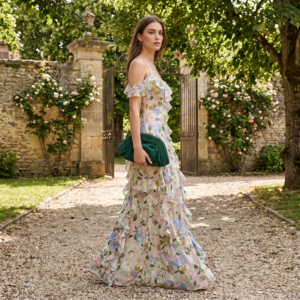 Vestido de invitada de boda Arlina de DION NOIR con estampado de hojas blancas y detalles de volantes.