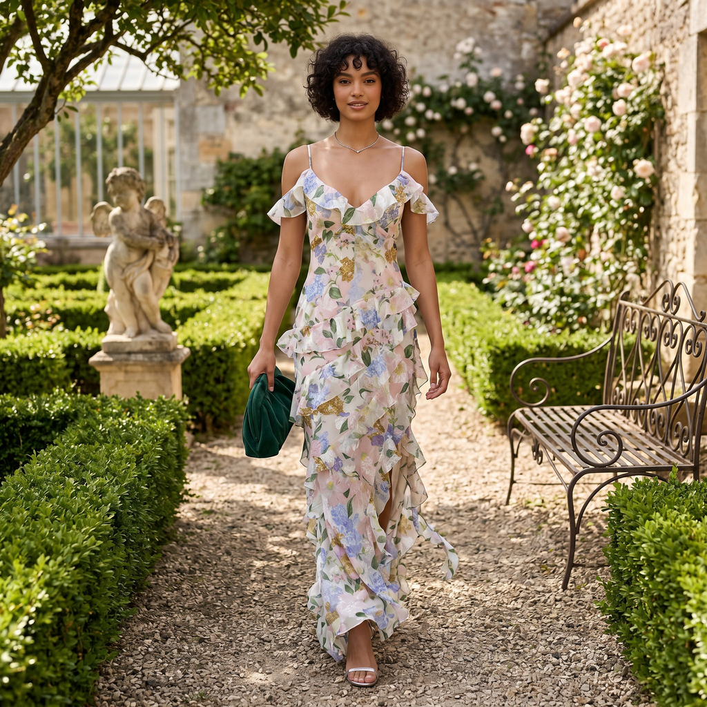 Vestido blanco con estampado de hojas y volantes para invitada de boda, marca DION NOIR, diseñado por Arlina.