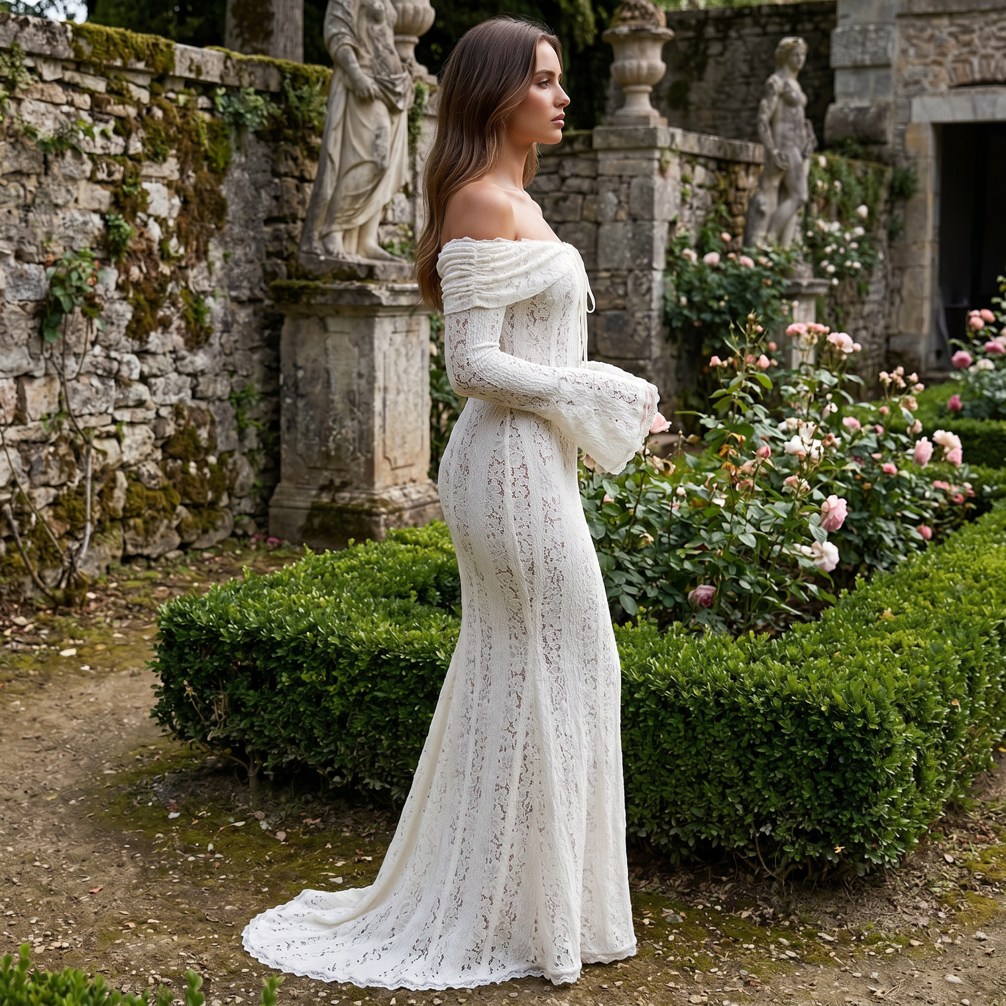 Vestido largo de encaje crochet sin hombros DION NOIR Viraya, estilo maxi con detalles elegantes en color neutro.