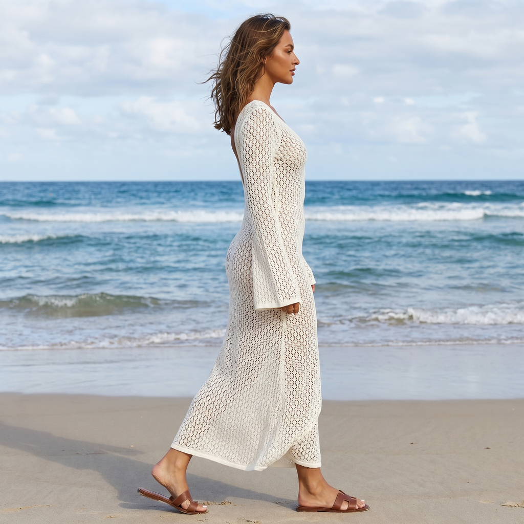 Vestido blanco elegante Claire de DION NOIR con estilo festivo y detalles sofisticados, perfecto para ocasiones especiales.