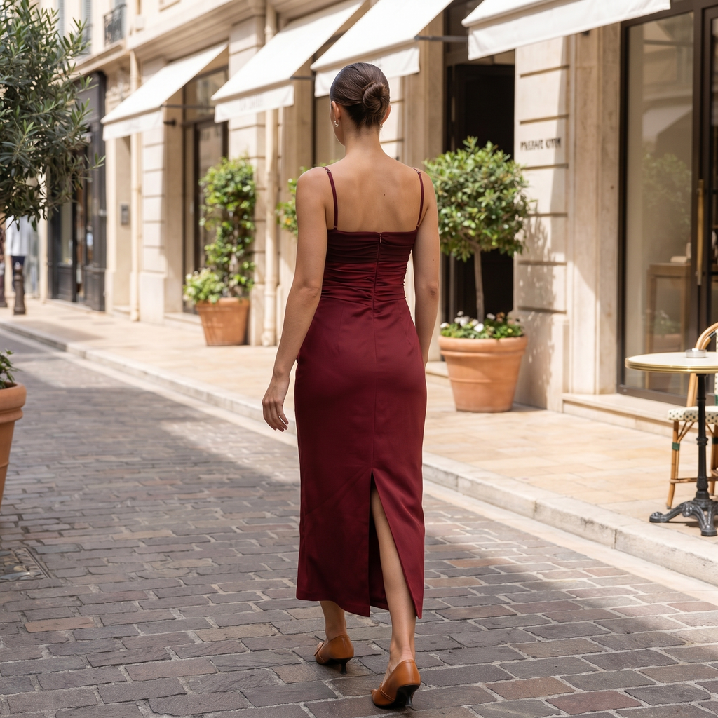 Vestido midi DION NOIR Sasha con cuerpo fruncido y diseño elegante, mostrando la parte superior y la falda ajustada.