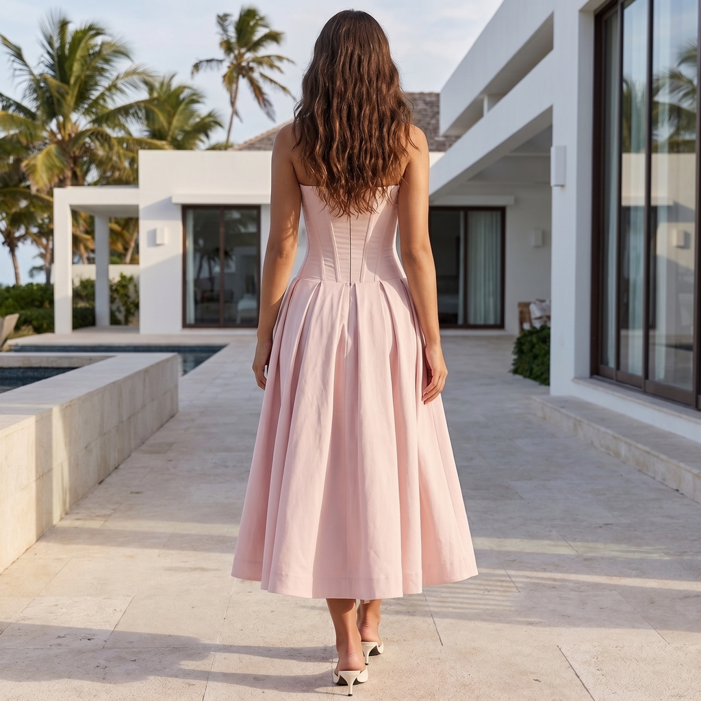 Vestido elegante Ophelia de DION NOIR en estilo Old Money, con diseño sofisticado y detalles refinados.