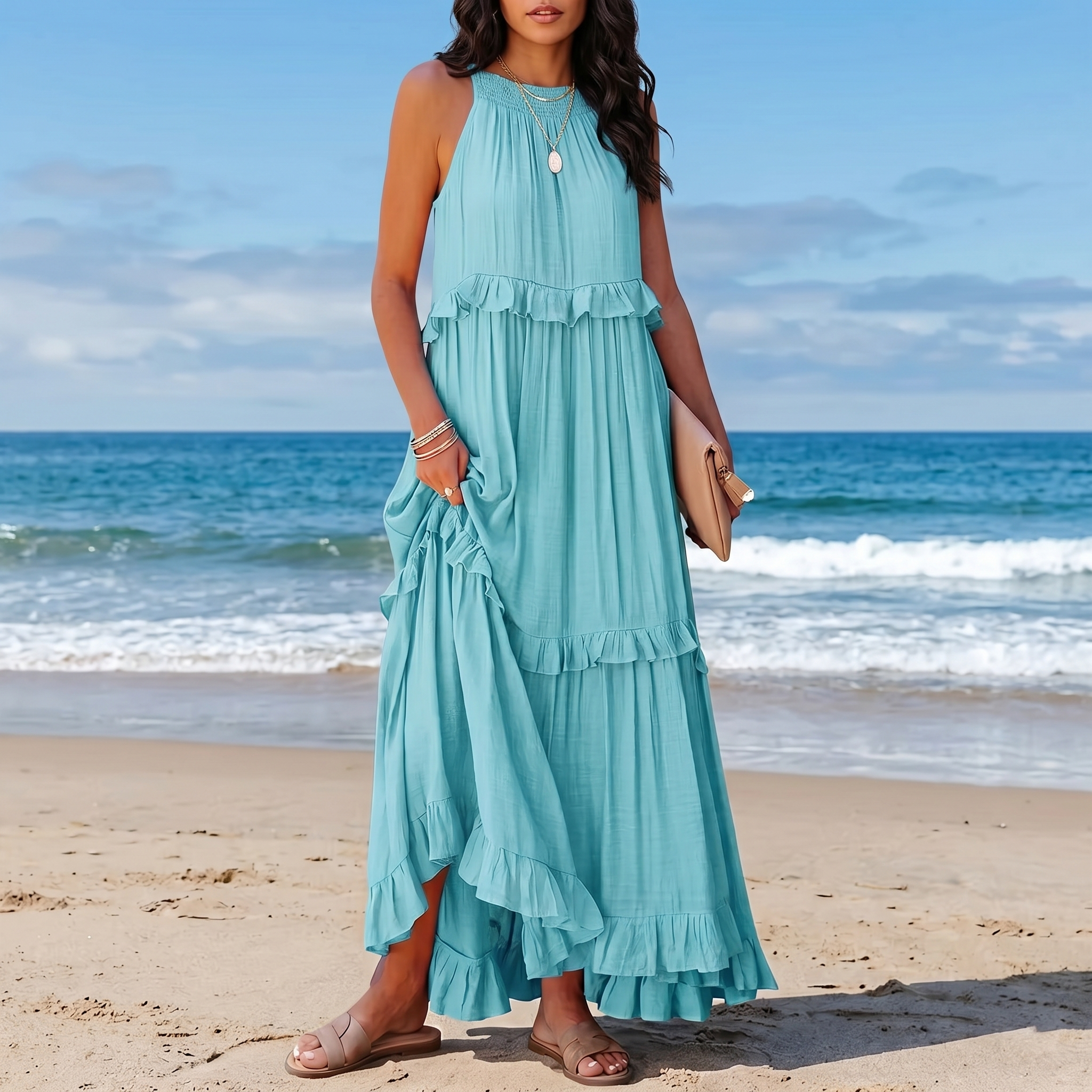 Vestido halter con volantes y bolsillos de DION NOIR, ideal para vacaciones, en tela ligera y diseño elegante.