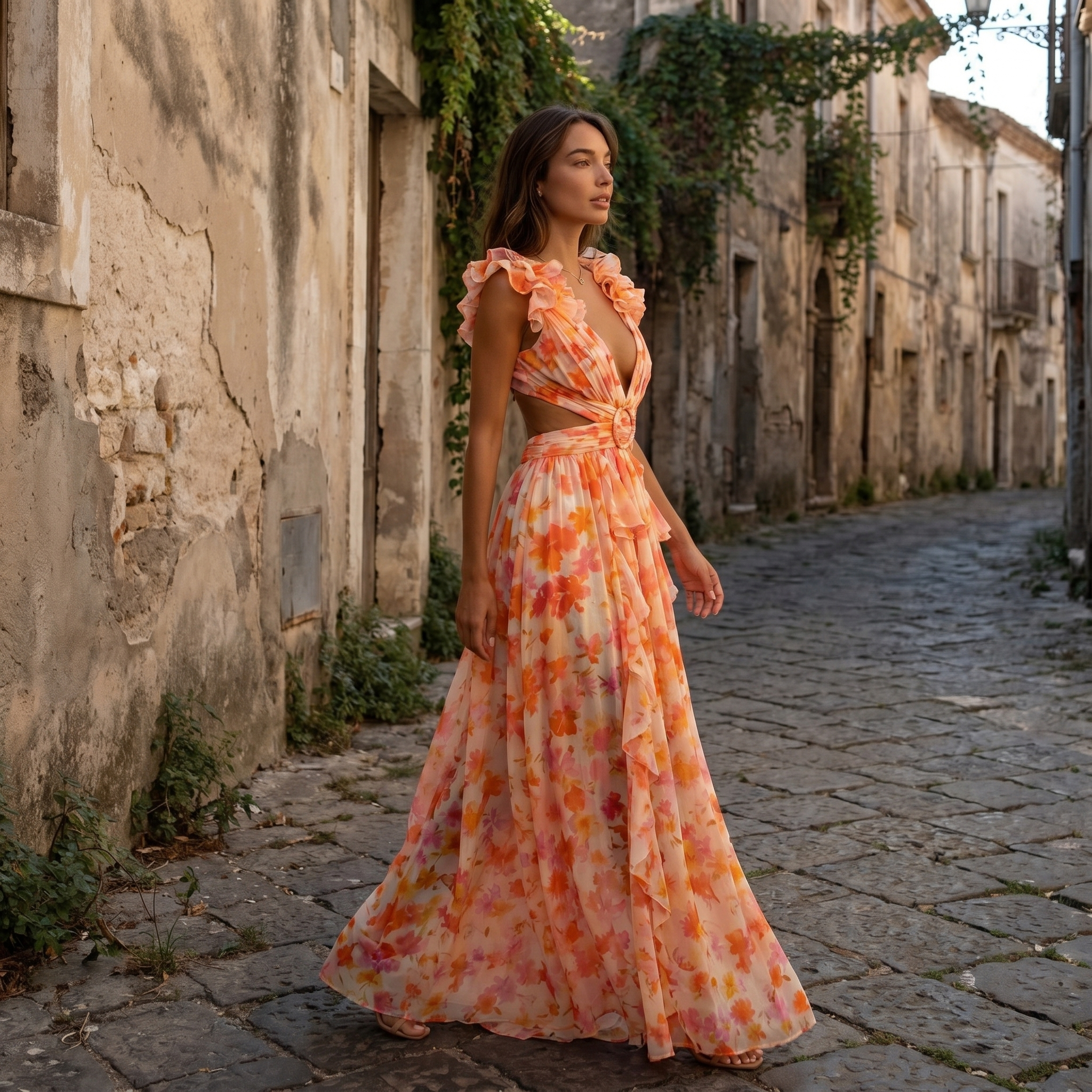Vestido largo de chiffon con recortes en la cintura, marca DION NOIR, estilo maxi y elegante para ocasiones especiales.
