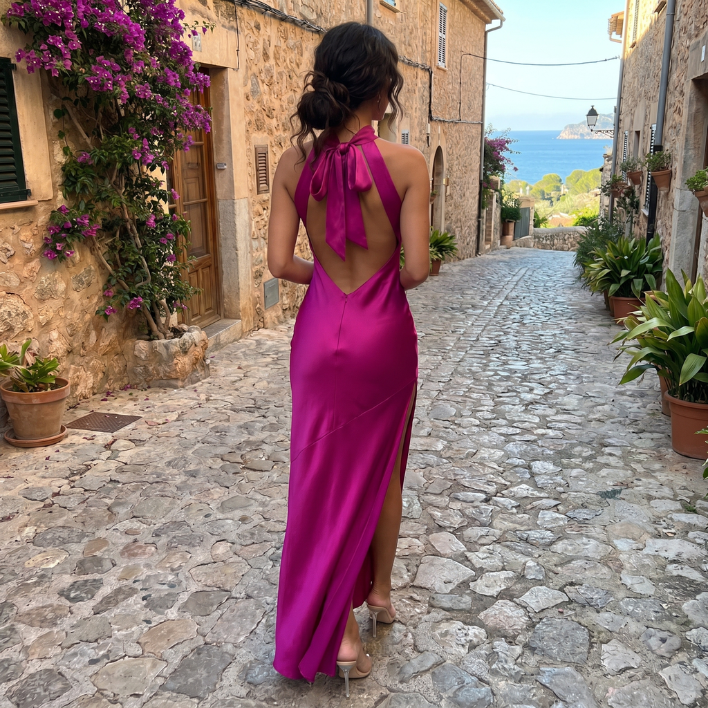 Vestido de noche DION NOIR Victoria en satén con escote halter, elegante vestido largo para ocasiones especiales.