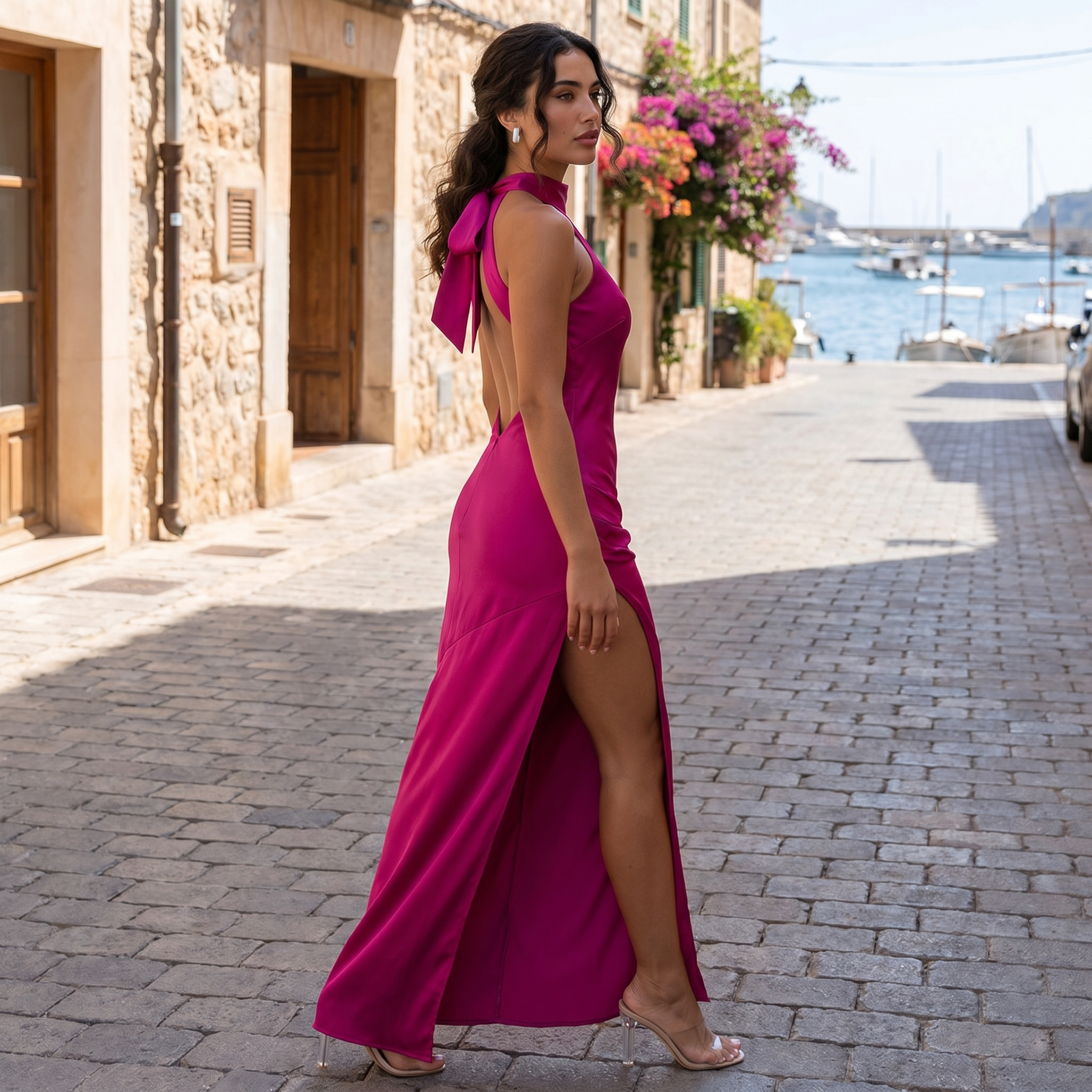 Vestido halter de satén Victoria de DION NOIR, elegante vestido largo con diseño sofisticado y acabado brillante.