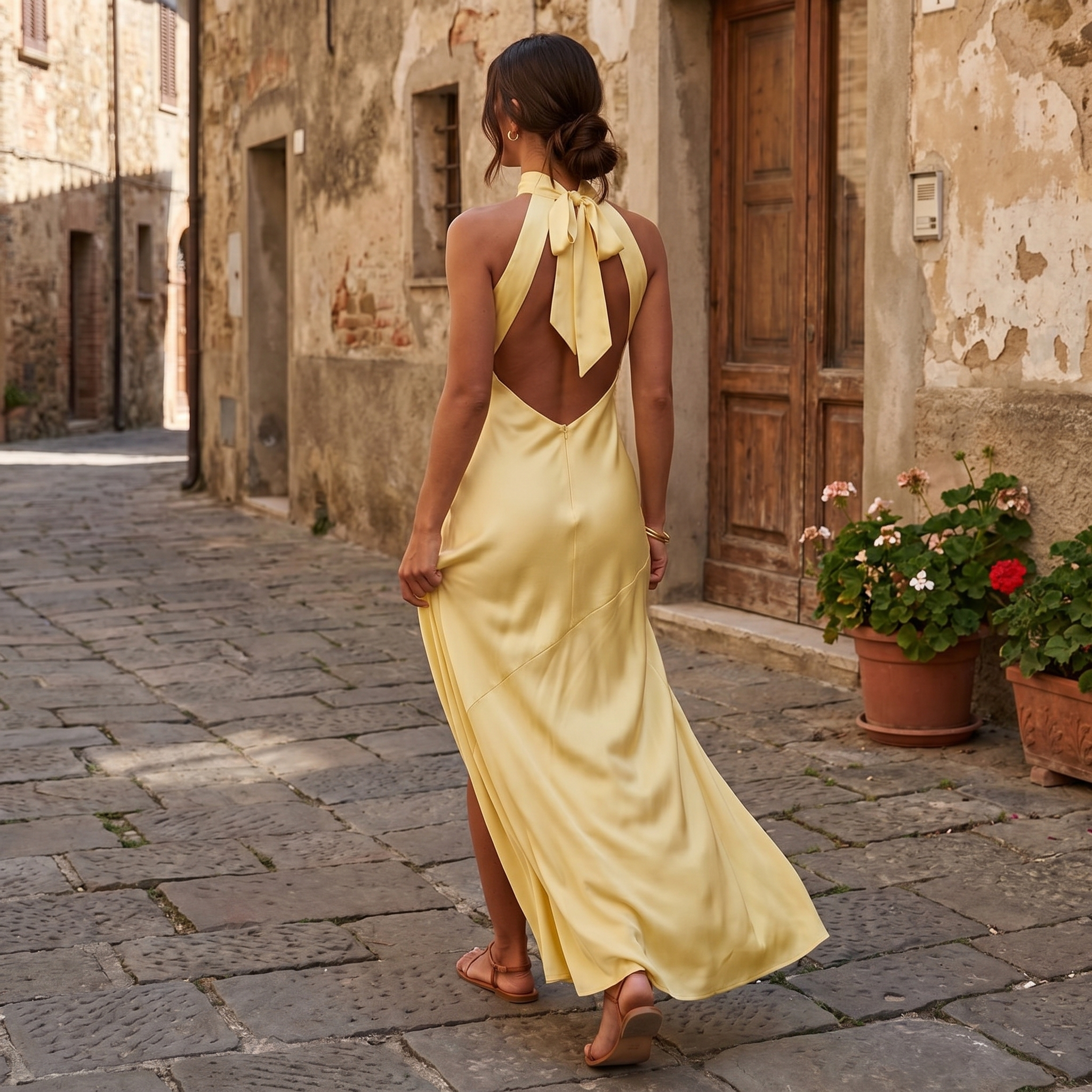Vestido de noche Victoria de seda satinada con escote halter, diseñado por DION NOIR, en color elegante.