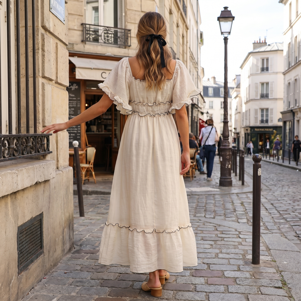 Vestido largo estilo maxi con volantes de la marca DION NOIR, en color suave, con diseño elegante y detalles femeninos.