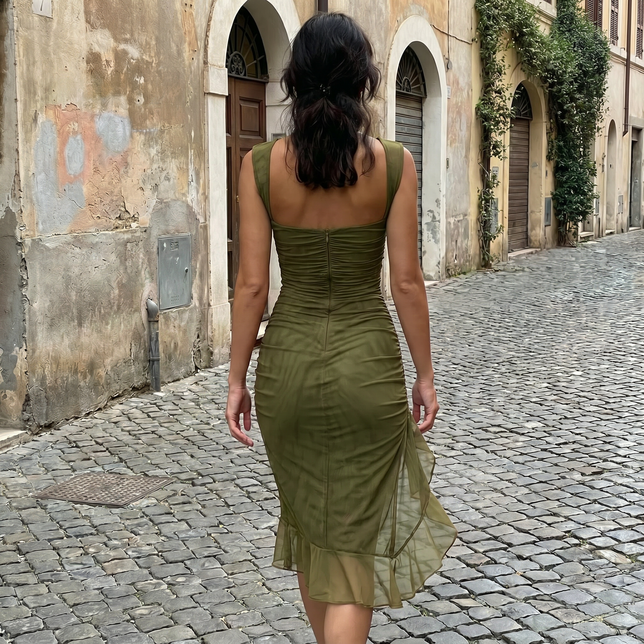 Vestido ajustado con escote barco y volantes de la marca SLIPPO® para invitada de boda, en color elegante y diseño sofisticado.