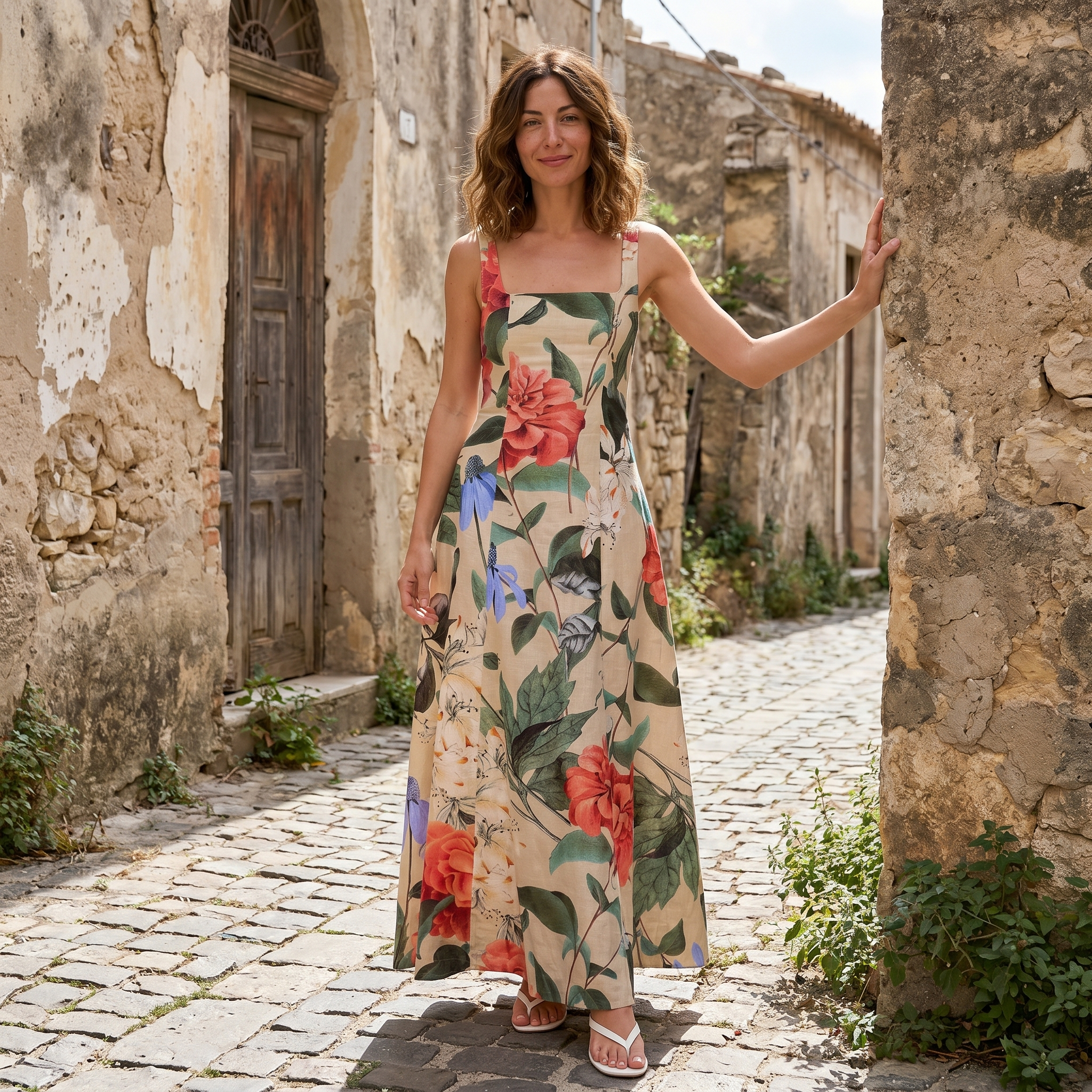 Vestido largo Meadow Bloom de DION NOIR, Antheia, con estampado floral y diseño maxi, en tonos suaves y elegantes.