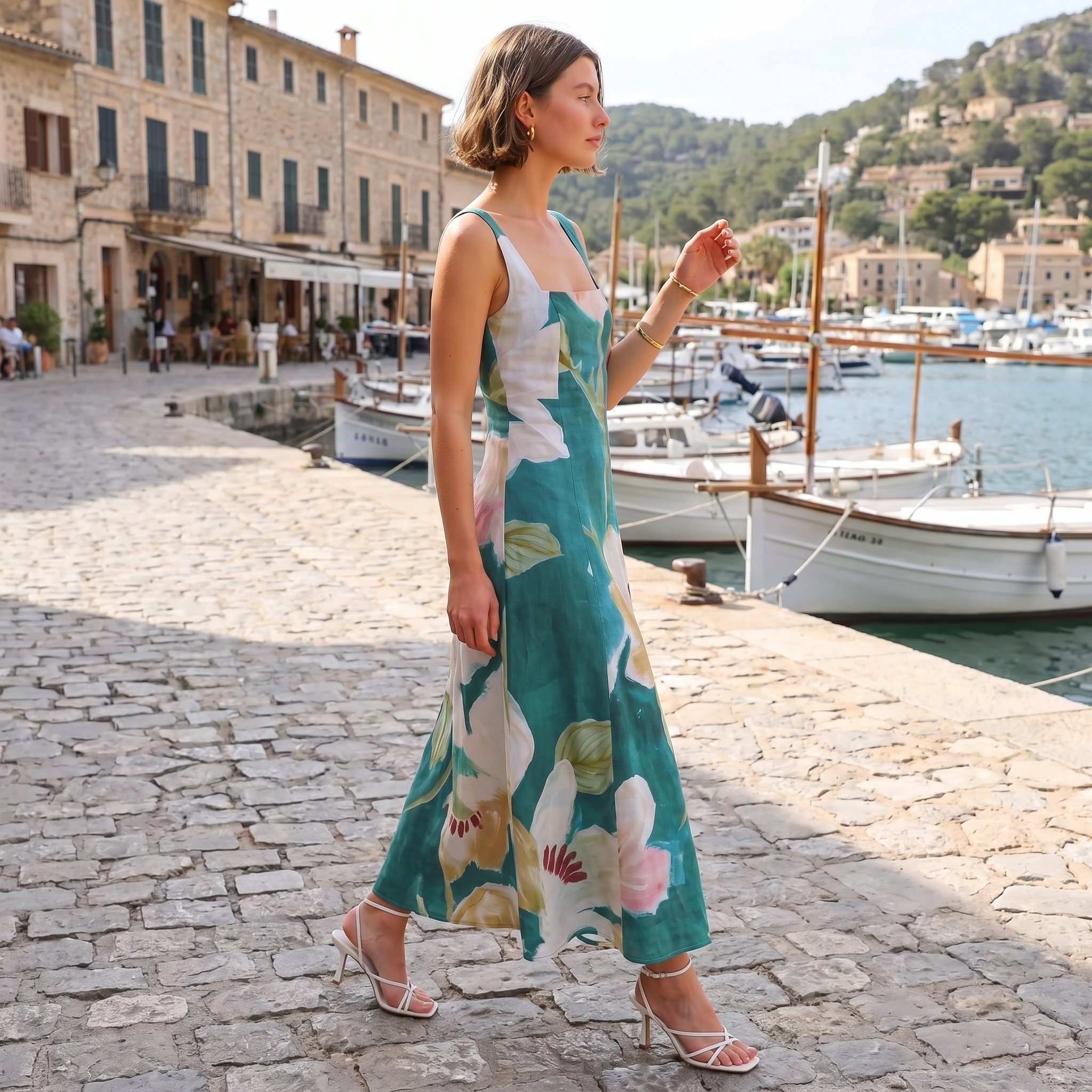 Vestido largo Meadow Bloom de DION NOIR, vestido maxi con estampado floral, diseño elegante y femenino.