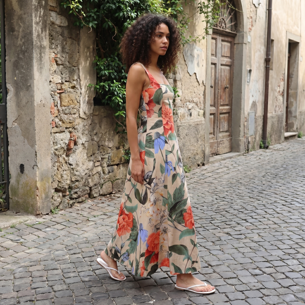 Vestido largo Antheia Meadow Bloom de DION NOIR, vestido maxi con estampado floral y diseño elegante para mujer.