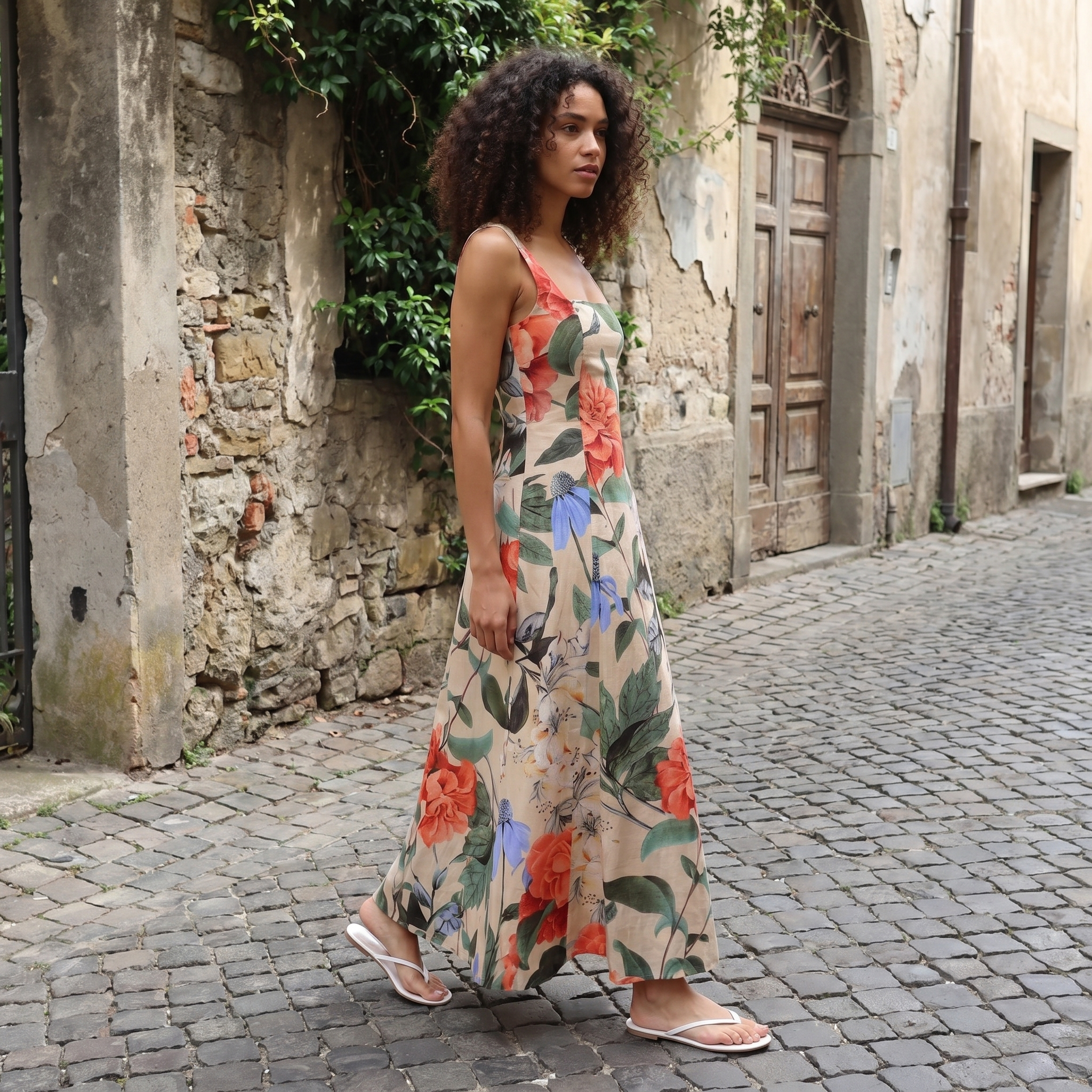 Vestido largo Antheia Meadow Bloom de DION NOIR, vestido maxi con estampado floral y diseño elegante para mujer.