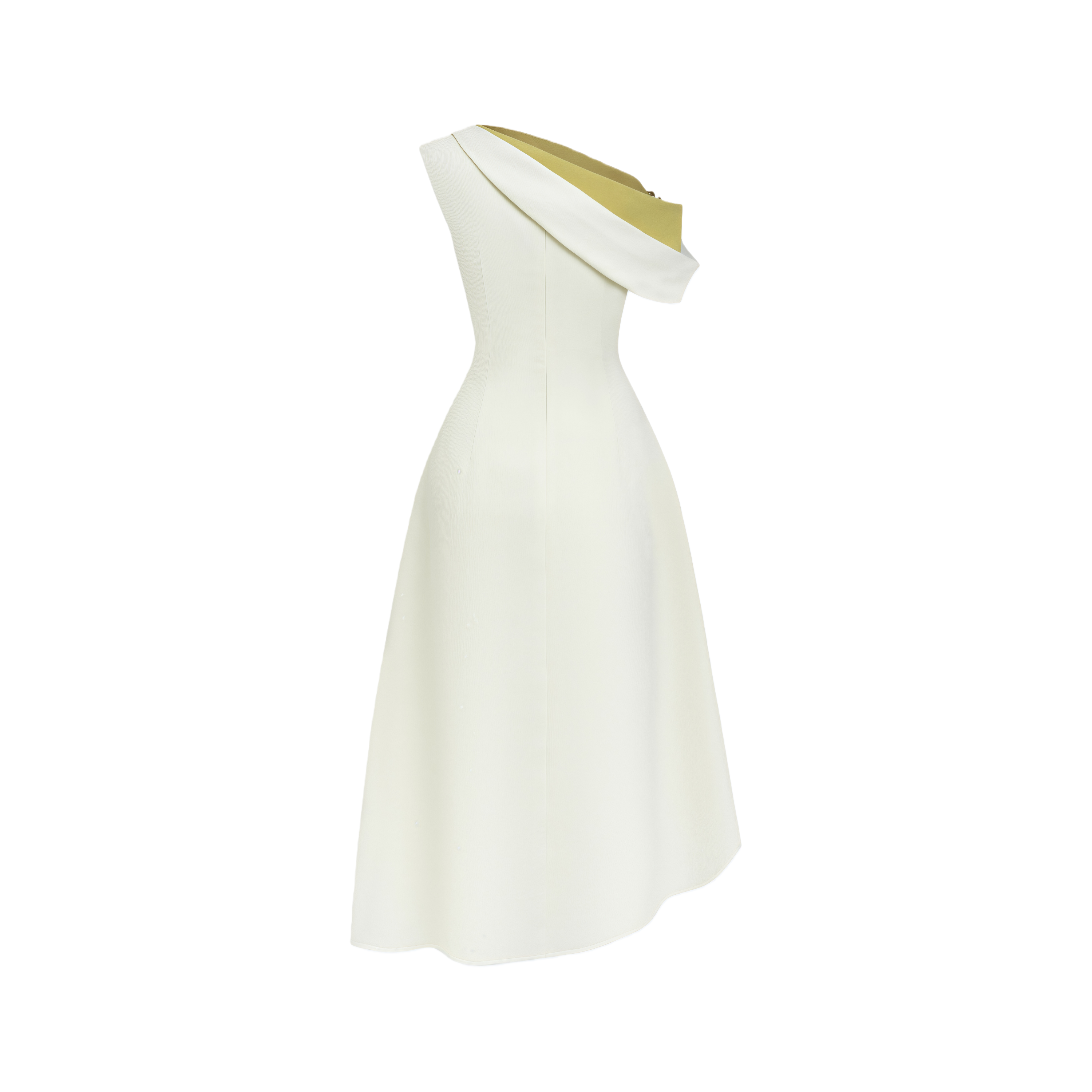 Vestido midi blanco de un hombro con fruncido, de la marca MRNewyork, mostrando el diseño elegante y detalles del vestido.