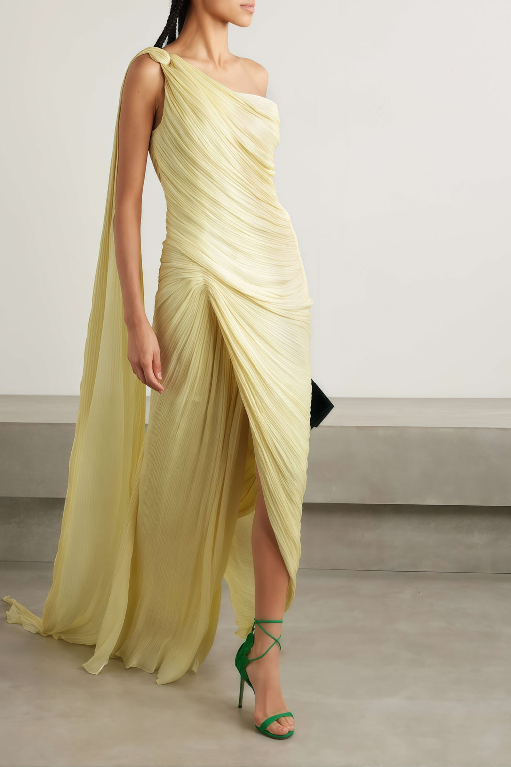 Meissa Yellow Asymmetrical Ruched Maxi Dress