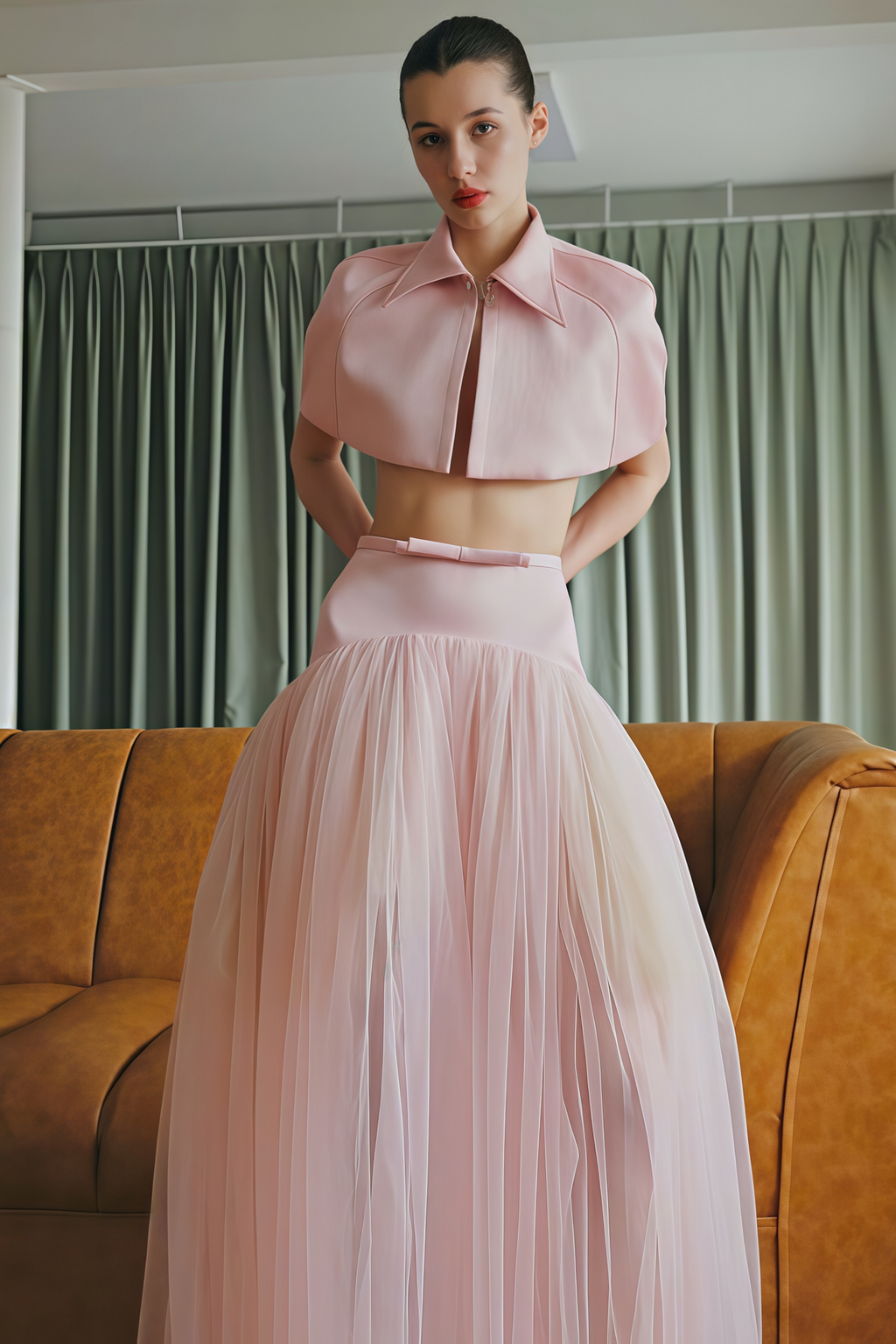 Conjunto de top capa rosa Clara Pink y falda de tul para novia, con detalles elegantes y delicados en la imagen.