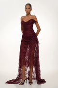 Eline Burgundy Ruched Floral Lace Gown