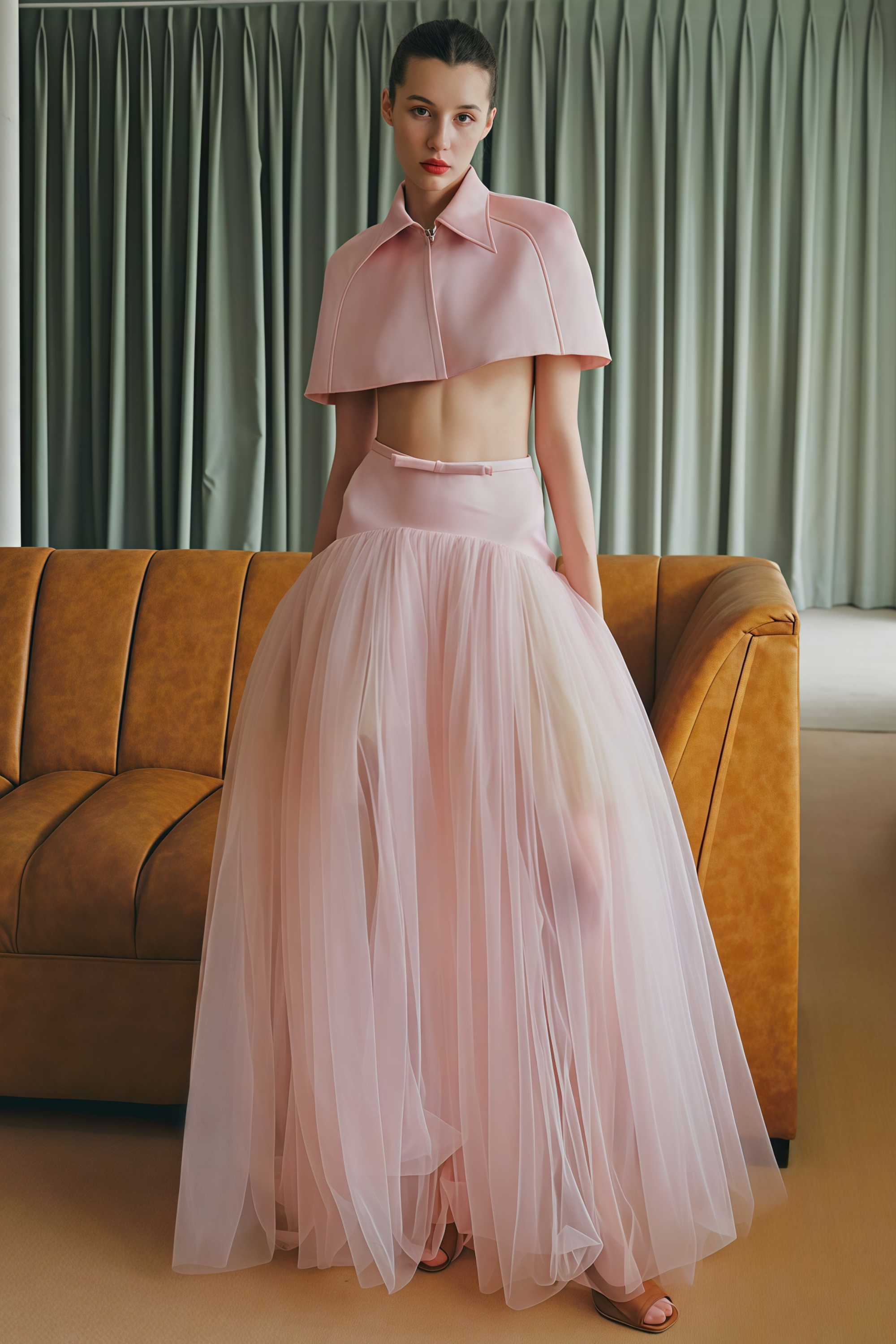 Conjunto de top capa rosa Clara Pink y falda de tul de la marca Bridal, con detalles elegantes y románticos.