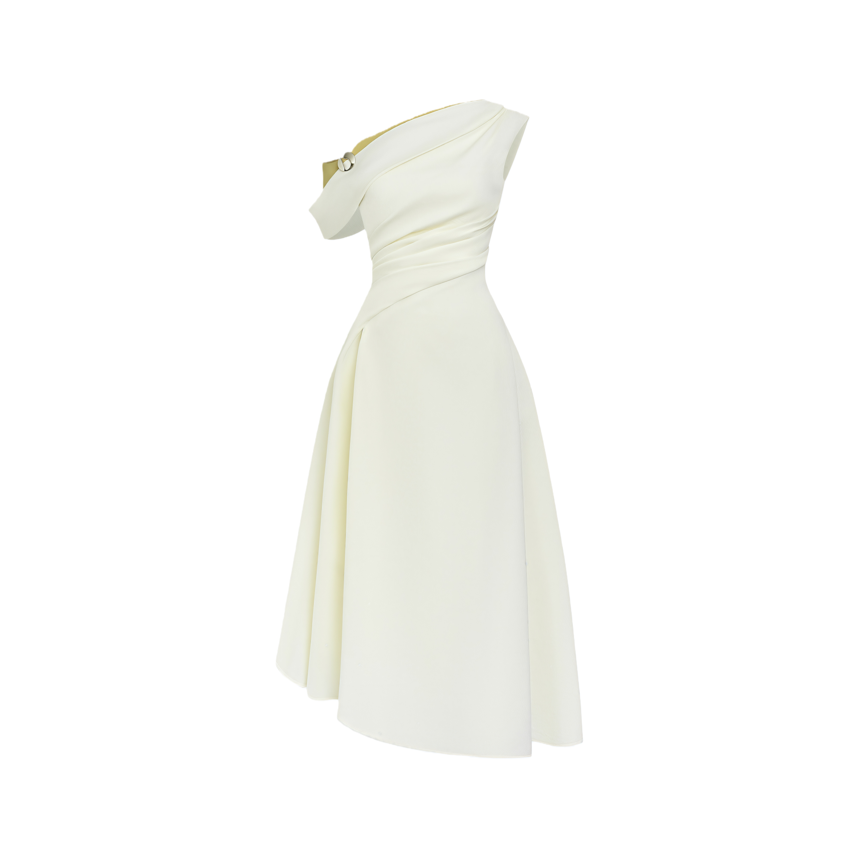 Vestido midi blanco con un solo hombro y fruncido, de la marca MRNewyork, muestra el diseño elegante y ajustado del vestido.