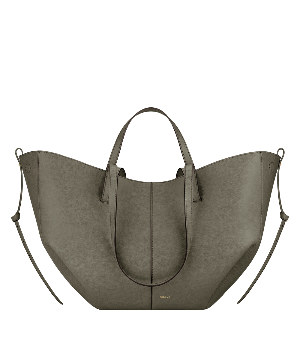 Bolso de mano Polène Cyme en piel granulada de color verde ahumado, vista frontal del diseño elegante y moderno.