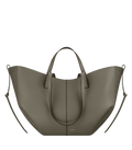 Bolso de mano Polène Cyme en piel granulada de color verde ahumado, vista frontal del diseño elegante y moderno.