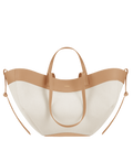 Bolso de mano Polène Cyme trenzado en color beige, vista frontal del diseño de tela y estilo elegante.