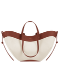 Bolso polipiel trenzado en color coñac de la marca Polène, vista frontal del bolso con asa y detalles de costura.