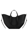 Bolso de mano Polène Cyme en piel negra con costuras contrastadas y acabado granuloso, vista frontal.